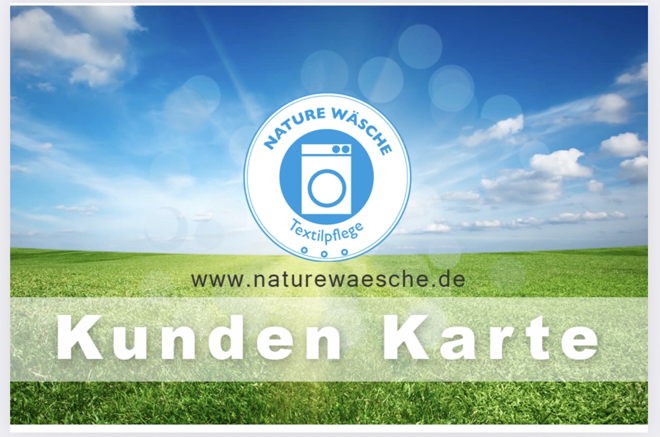 Original Nature-Wäsche-Kundenkarte mit blauem Himmel, grüner Wiese und Nature-Wäsche-Logo
