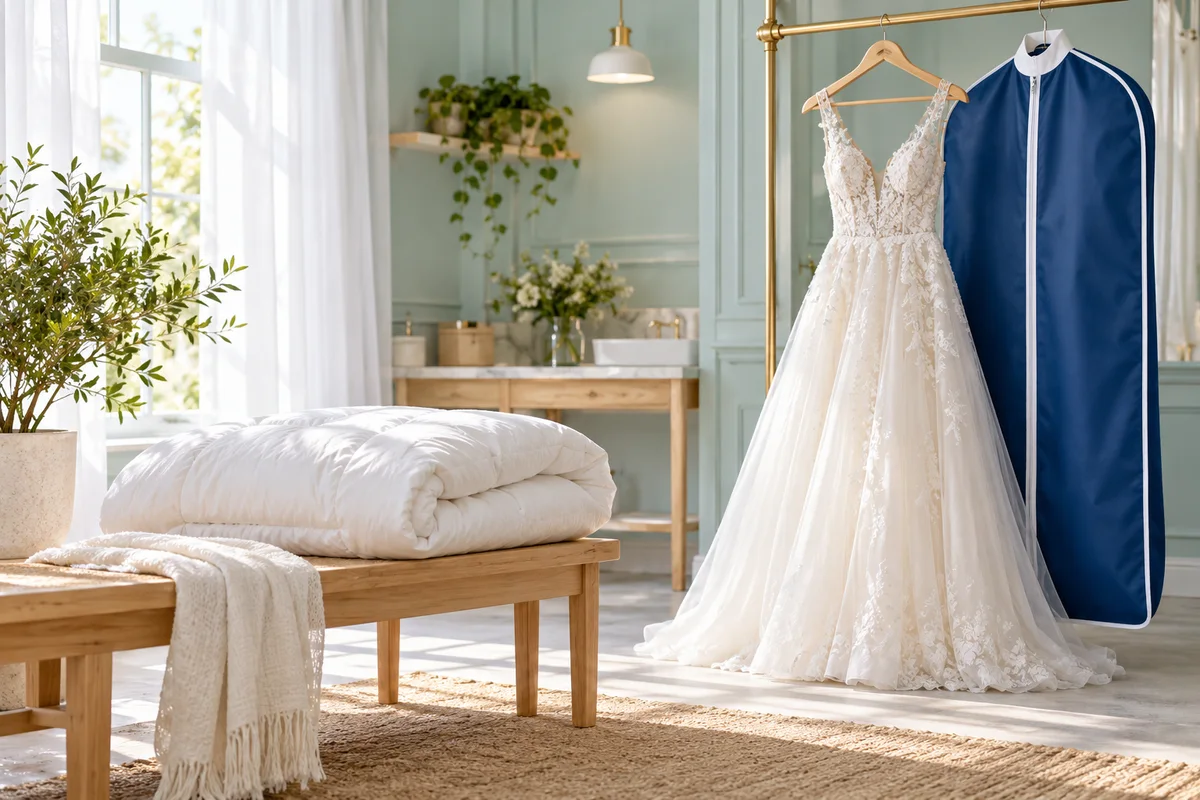 Symbolbild: Brautkleid, Gardine, weiße Bettdecke und blaue Mehrweghülle in heller Umgebung