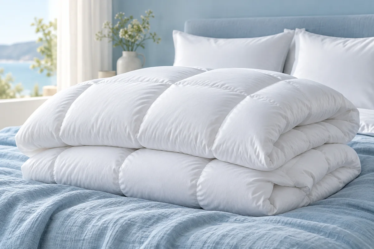 Bauschige weiße Daunendecke mit weichen Kissen in einem hellen Schlafzimmer