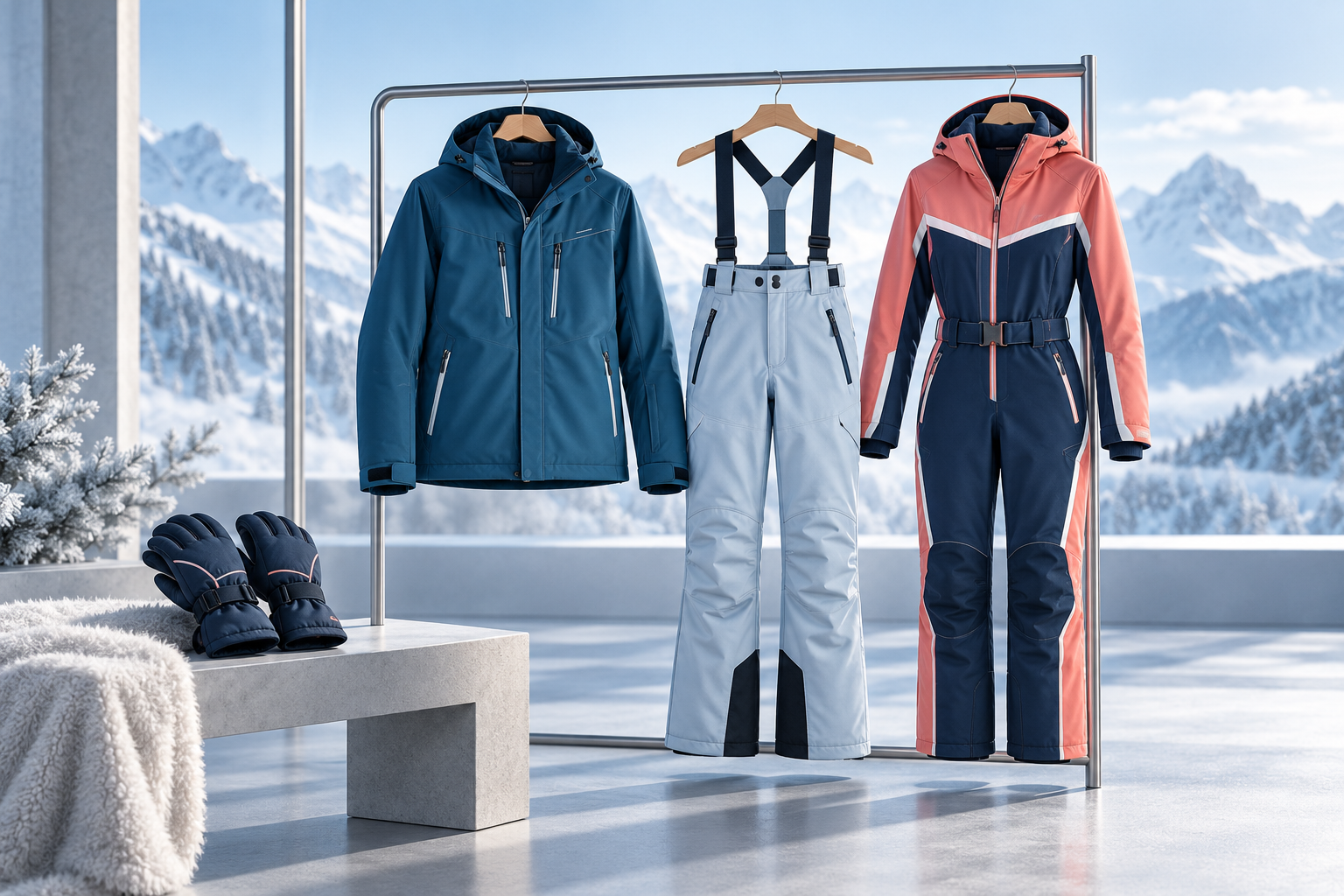 Eigene Illustration mit Skijacke, Skihose, einteiligem Skianzug und Skihandschuhen vor einer Winterlandschaft