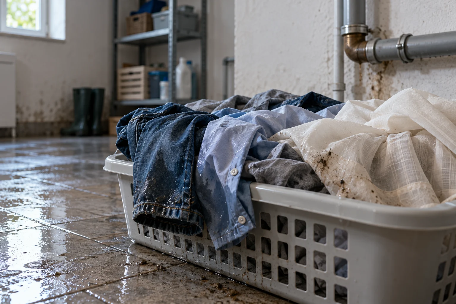 KI-Symbolbild: durchnässte Kleidung und Gardinen in einem Keller nach einem Wasserschaden